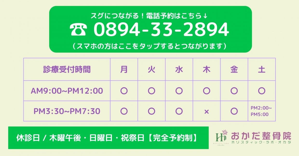 電話予約はこちら　愛媛県西予市　おかだ整骨院・整体院　捻挫、肉離れ、オスグッドなどスポーツ障害ならお任せください。腰痛、肩凝り、自律神経治療もご相談ください。交通事故治療専門院。