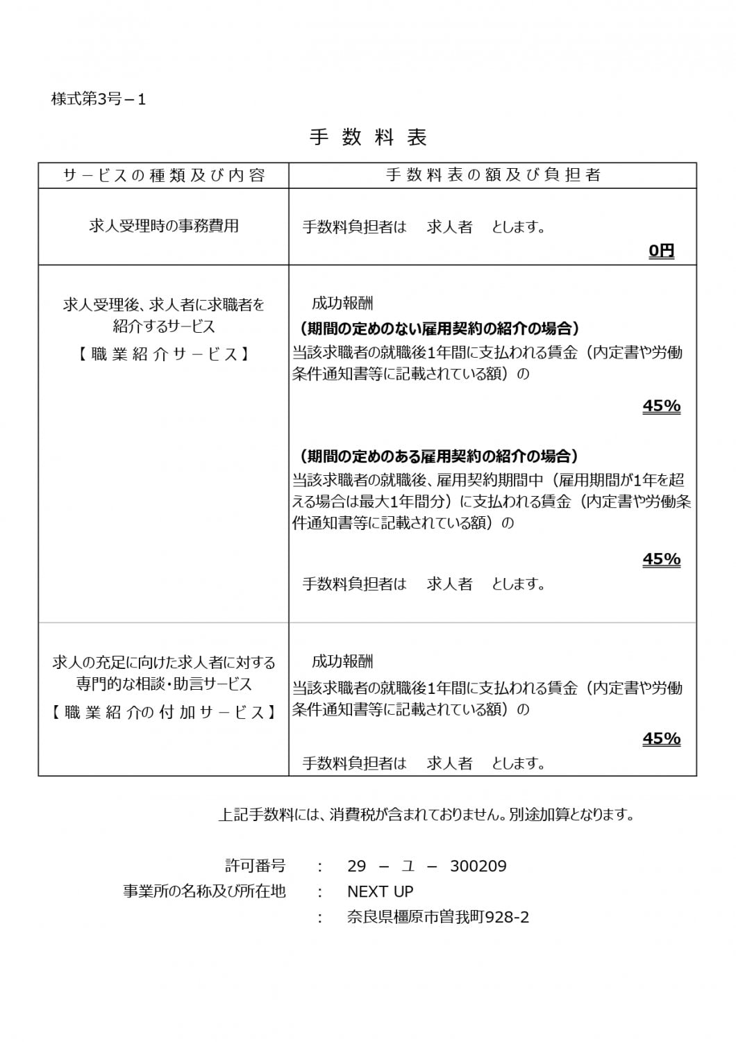 手数料表