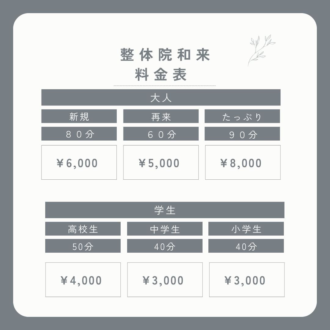 長岡市の整体院\整体院和来/#肩こり#腰痛#関節痛#背中の痛み#肩甲骨痛#骨格矯正#手足のしびれ#坐骨神経痛#頭痛#慢性疲労#起立性調節障害#めまい#不眠#PMS#生理不順#更年期障害#不妊