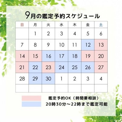 9月鑑定スケジュール更新しました。