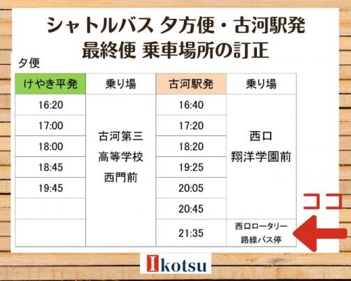 シャトルバス/夕方便・古河駅発最終便の乗車場所の訂正