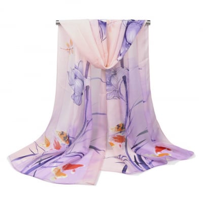 【輸入シフォンスカーフ】蓮金魚(パープル) シノワズリ風