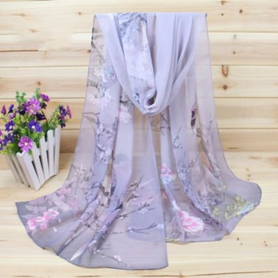【輸入シフォンスカーフ】花鳥楽園(グレイ) シノワズリ風