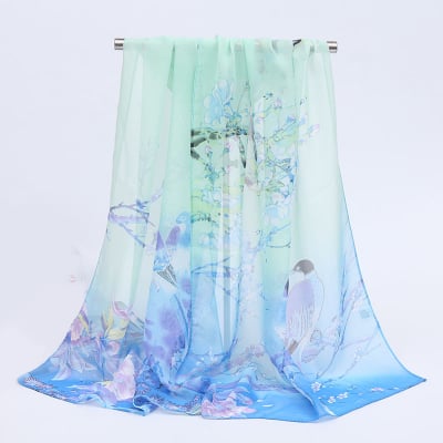 【輸入シフォンスカーフ】花鳥楽園(ブルー) シノワズリ風