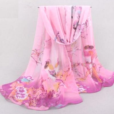 【輸入シフォンスカーフ】花鳥楽園(パープル) シノワズリ風