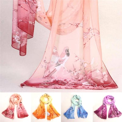 【輸入シフォンスカーフ】花鳥楽園(レッド) シノワズリ風