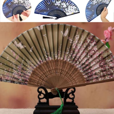【輸入シルク扇子】花蝶柄ー若草色 シノワズリ風
