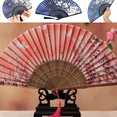 【輸入シルク扇子】花蝶柄ー濃紺色 シノワズリ風