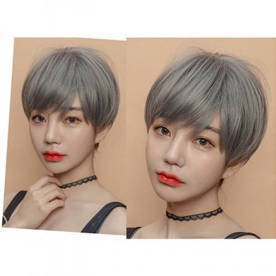 高ポイント還元 ショートフルウィッグ かつら ネット付き 耐熱性 コスプレ ショートヘア レディース グレー シルバー