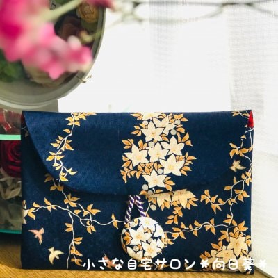 御朱印帳・通帳・マスク入れ|着物リメイク和柄平ポーチ/紺【高ポイント還元】