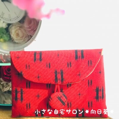 御朱印帳・通帳・マスク入れ|着物リメイク和柄平ポーチ/朱色【高ポイント還元】【送料無料】
