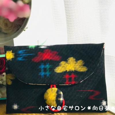 御朱印帳・通帳・マスク入れ|着物リメイク和柄平ポーチ/黒【高ポイント還元】