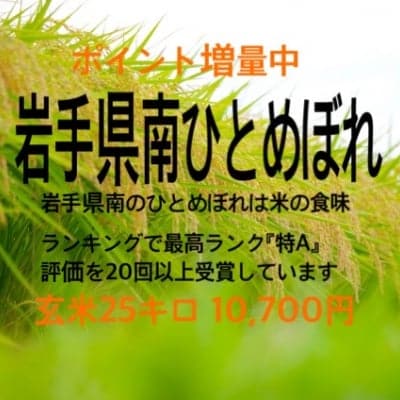 【ポイント増量中】特A受賞回数多数 岩手県南おいしいお米「ひとめぼれ(玄米)25㎏」
