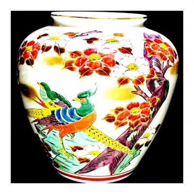 大!九谷焼 青峰窯 花鳥花瓶 壺