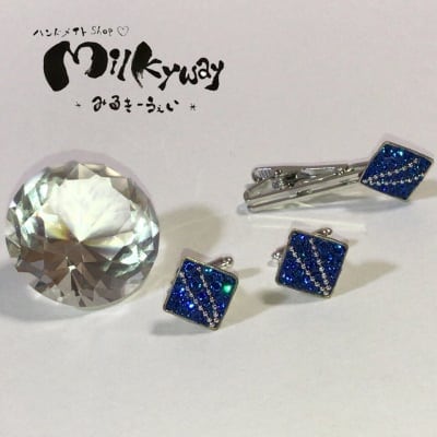 ブルー☆カフスボタン&ネクタイピン☆セット☆スワロフスキー