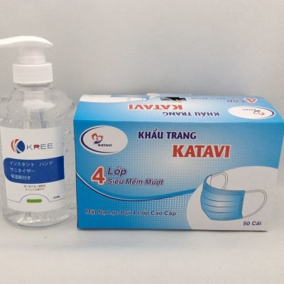 【4層構造】医療用高機能使い捨てマスク(青色) 50枚包装+【無香料】消毒用アルコールジェル500ML