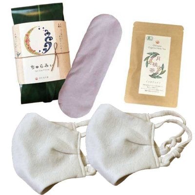 送料無料【わけあり】月桃美眼ちゅらみぃプレミアム月桃染め+月桃茶+羽ごろもマスク(2個)セット