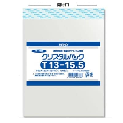 やぶれにくい!帯電防止処理済 テープ付き透明OPP袋クリスタルパック(T13-15.5)