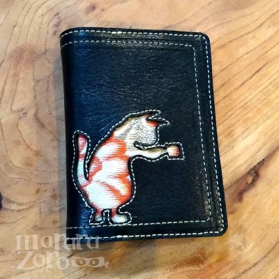 【猫柄 カードケース・渡邊印】 ハンドメイド 和柄猫 帯生地 革製品