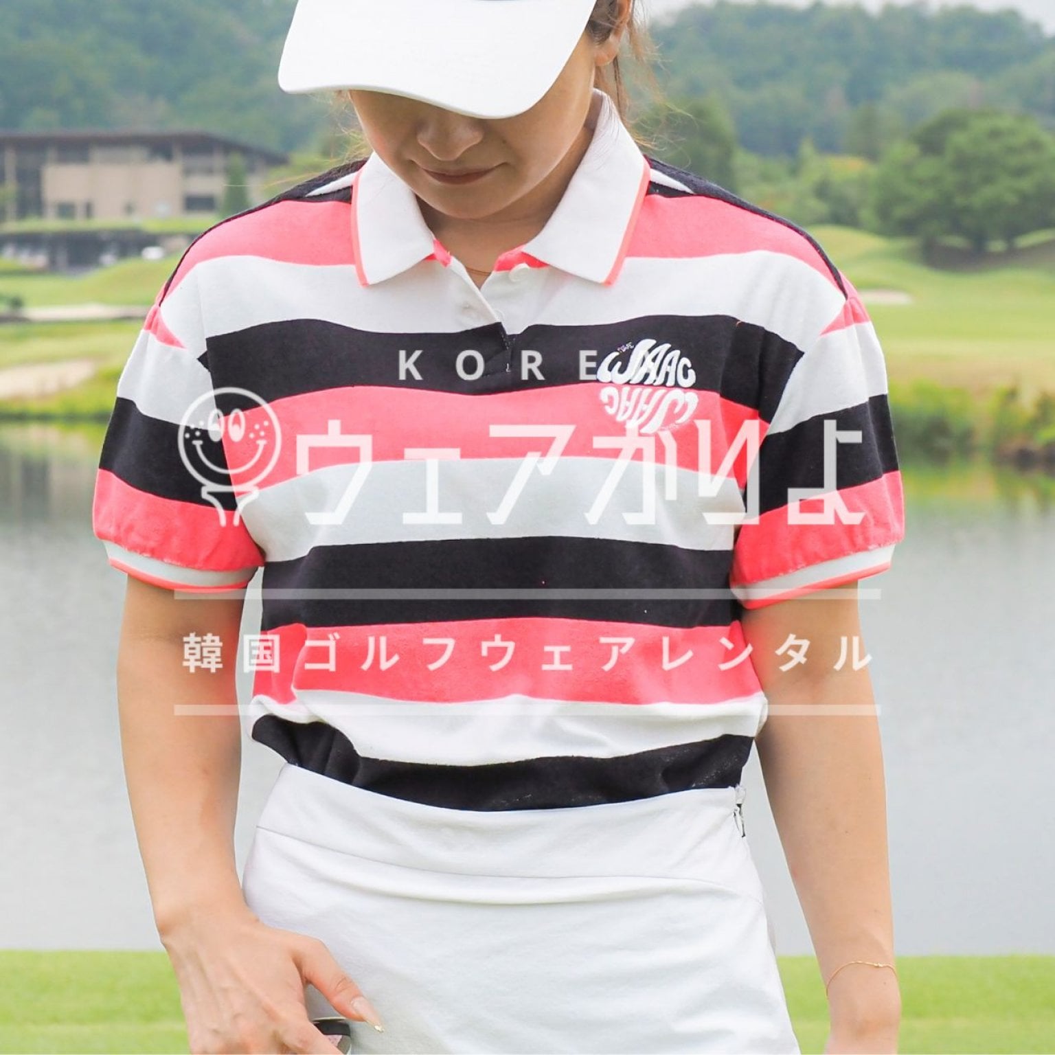 WAAC ワック ボーダーポロシャツ ピンク Ｍサイズ ウエアかりよ 韓国ゴルフウエアレンタル