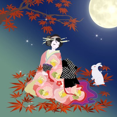 アート 紅葉うさぎ 着物美人画