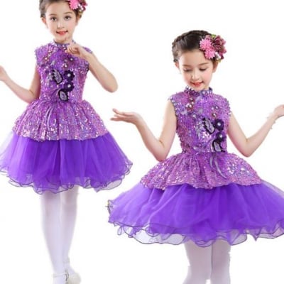 女の子ワンピース チュール キッズダンス衣装 ワンピー子ども ステージ衣装 舞台舞踊 演出団服 ダンス衣装 ダンスウェア お姫様ドレス ぼうぼうスカート スパンコール付