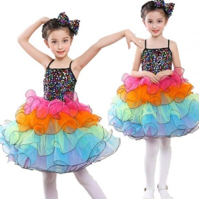女の子ワンピース チュール キッズダンス衣装 ワンピー子ども ステージ衣装 舞台舞踊 演出団服 ダンス衣装 ダンスウェア お姫様ドレス ぼうぼうスカート スパンコール付