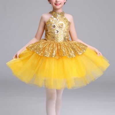 女の子ワンピース スパンコール チュール キッズダンス衣装ワンピー子供 ステージ衣装 舞台舞踊 演出団服 ダンス衣装 ダンスウェア お姫様ドレス ぼうぼうスカート 黄色