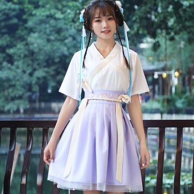 夏新作チャイナドレス 大人用中国宮廷風唐装 漢服 カジュアル 刺繍 花柄エレガント復古風 コスプレ衣装 写真撮影 パーティー用ドレス レディース古代コスプレ衣装 中華コスプレ服 半袖 ショットタイプ 演出服 上着+スカートセットアップ