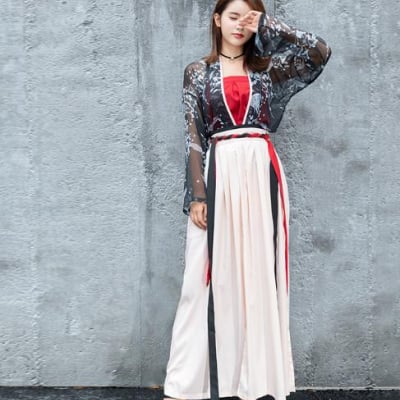 チャイナドレス 大人用中国宮廷風唐装 漢服 カジュアル シフォンプリント花柄 エレガント 復古風コスプレ衣装 写真撮影 中華コスプレ服 ロングタイプ 演出服 上着+スカート+キャミソール セットアップ 仮装 ハロウィン