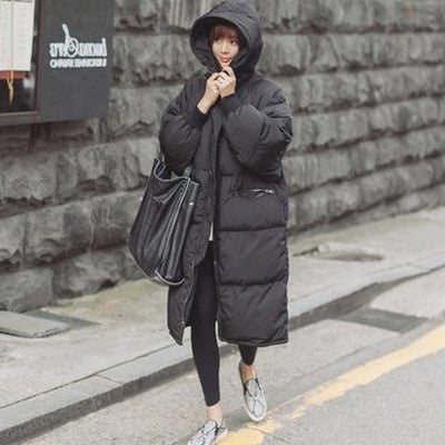 防寒性抜群 韓国スタイル 秋冬コートジャケット 中綿ジャケット レディースファッション 女性用 ジャケット 綿コート アウター ロングタイプ ジャンパー スタイル 綿ジャケット フード付き 膝下コート ブラック ビックサイズ