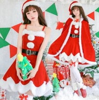 クリスマス衣装 サンタコス クリスマス コスプレ キャミソール 細身ドレス クリスマスパーティー衣装 サンタ 衣装ふわふわ ドレス+マント+ベルト+帽子
