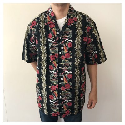 【かりゆしウェア男性用】LL・3Lサイズ 開襟 アロハオウム ブラック