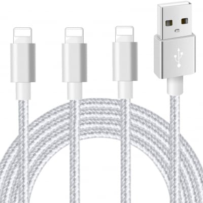 iPhone充電ケーブル ライトニングケーブル 【3本セット 2m+2m+2m】IMITOR 標準仕様 高耐久編組ナイロン 急速充電 アイフォン 充電ケーブル データ転送 柔軟性 iPhone XS/XS Max/XR/X/8/8Plus/7/7 Plus/6s/6s Plus/5s/5/iPad/iPod 各種対応(銀)