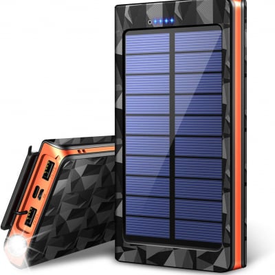 【令和最新版&LEDライト付き】 24000mAh モバイルバッテリー ソーラーチャージャー ソーラー充電器 大容量 急速充電 QuickCharge 2USB出力ポート 太陽光で充電可能 防水 耐衝撃 地震/台風/災害/旅行/アウトドアに大活躍に iPhone/iPad/Android対応 PSE認証済 (オレンジ)