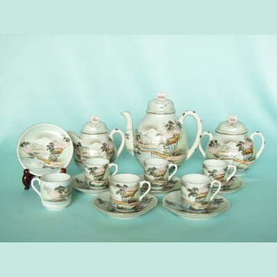 【明治の里帰り陶器】 コーヒー6客セット 富士山と桜柄