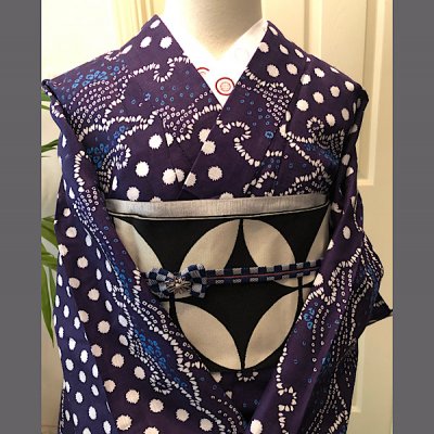 ワンタッチ帯締め(市松模様)リボン帯留付き青