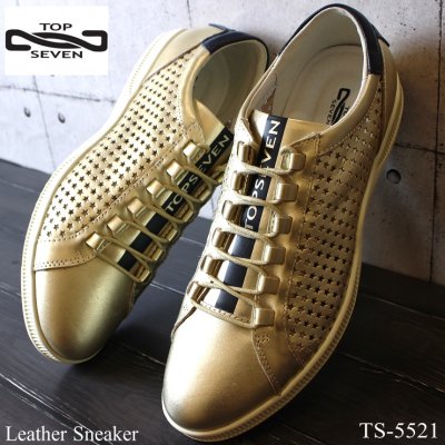 トップセブン スニーカー TOP SEVEN TS-5521 GOLD/NAVY レザースニーカー レザーシューズ 星柄 パンチング