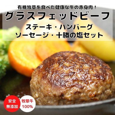 【無添加】グラスフェッドビーフステーキ・ハンバーグ・ソーセージ・十勝の塩セット　しっかりした歯ごたえがあり、牛肉本来の旨味が魅力！