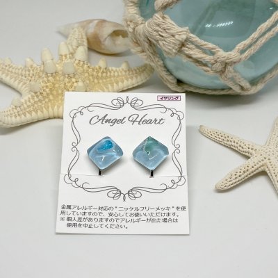 【イヤリング】ガラスタイルイヤリング 2個セット(ブルー)
