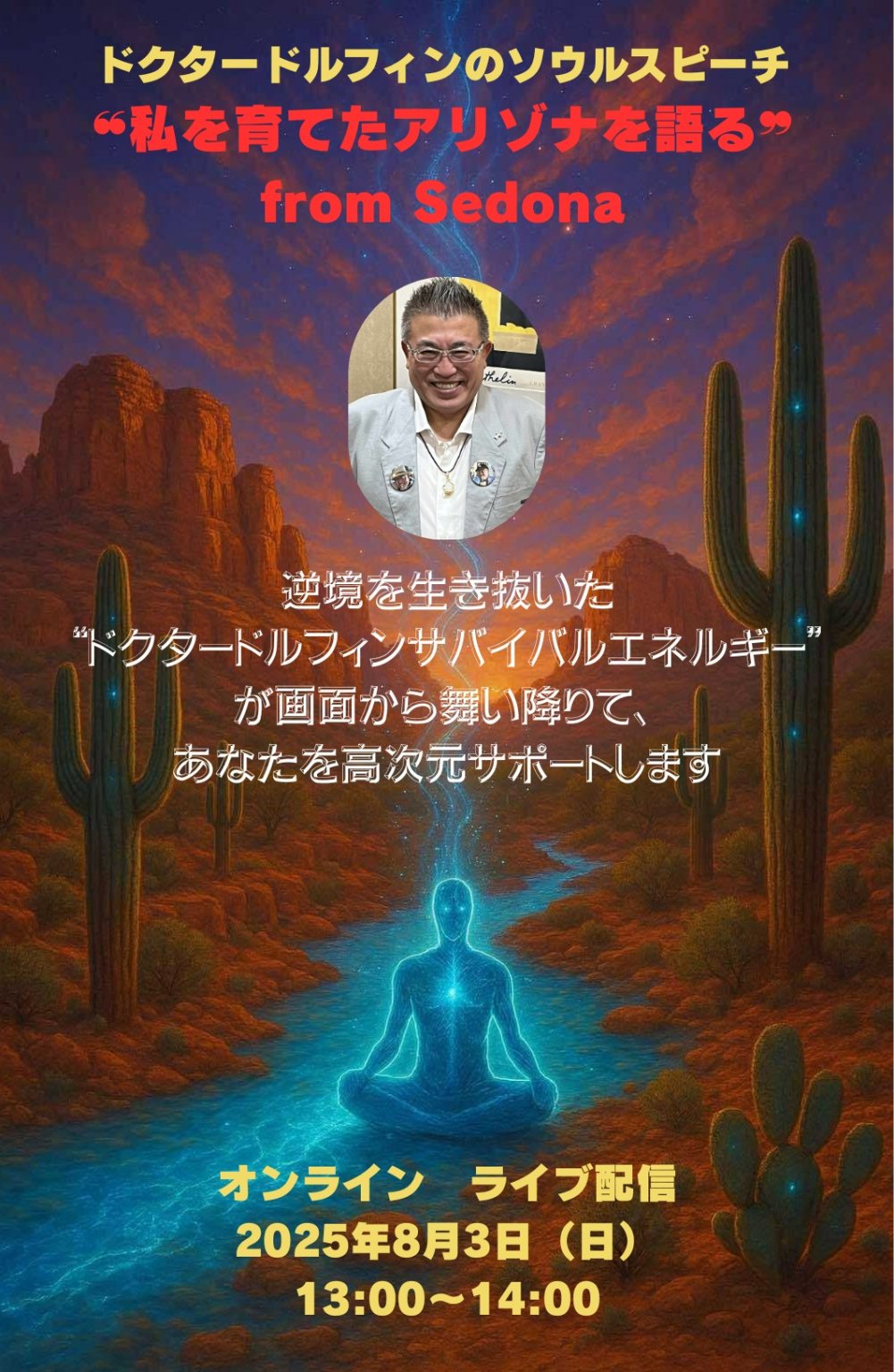【ライブ視聴　（オンラインライブ配信）＋アーカイブ視聴（録画配信）】8/3（日）　ドクタードルフィンのソウルスピーチ　“私を育てたアリゾナを語る”　from　Sedona