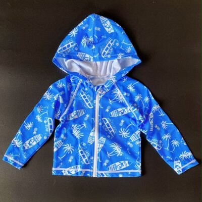キッズ用 UV効果つきラッシュガード☆サメ柄/前開き ブルー×ホワイト 110センチ