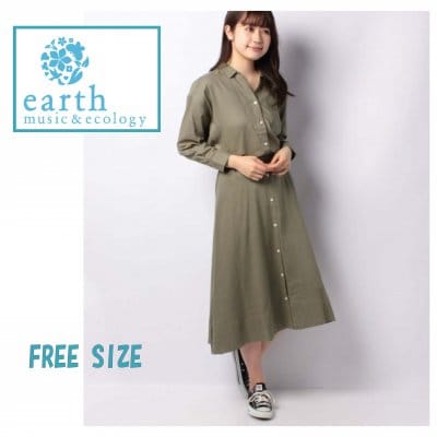 earthmusic & ecology アースミュージックエコロジー 抜け衿シャツ+前ボタンスカート SET2点 シャツブラウス+スカート/フリーサイズ カーキカラー