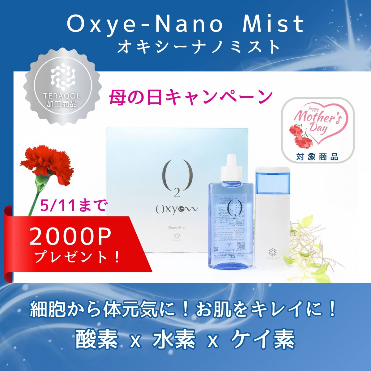 【母の日キャンペーン】 Oxye-Nano Mist(オキシーナノミスト)【送料無料】(沖縄、離島を除く)TERAQOL量子加工による世界初　高濃度酸素＋ナノバブル水素＋高濃度ケイ素＋テラヘルツ＋528Hz(DNAの修復）＋432Hz(ソマチッドの活性）
