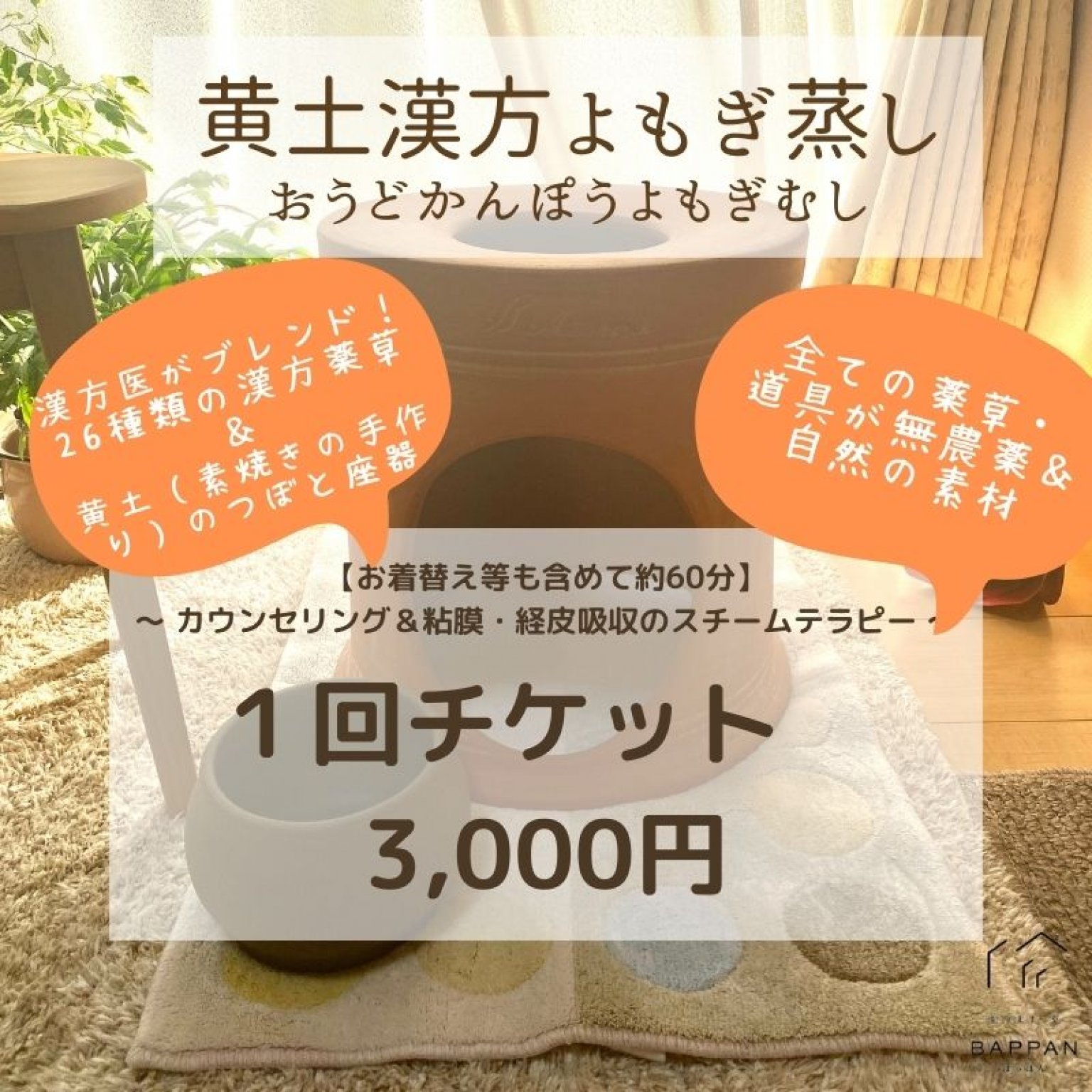 BAPPAN黄土漢方よもぎ蒸し　〜1回3,000円チケット〜