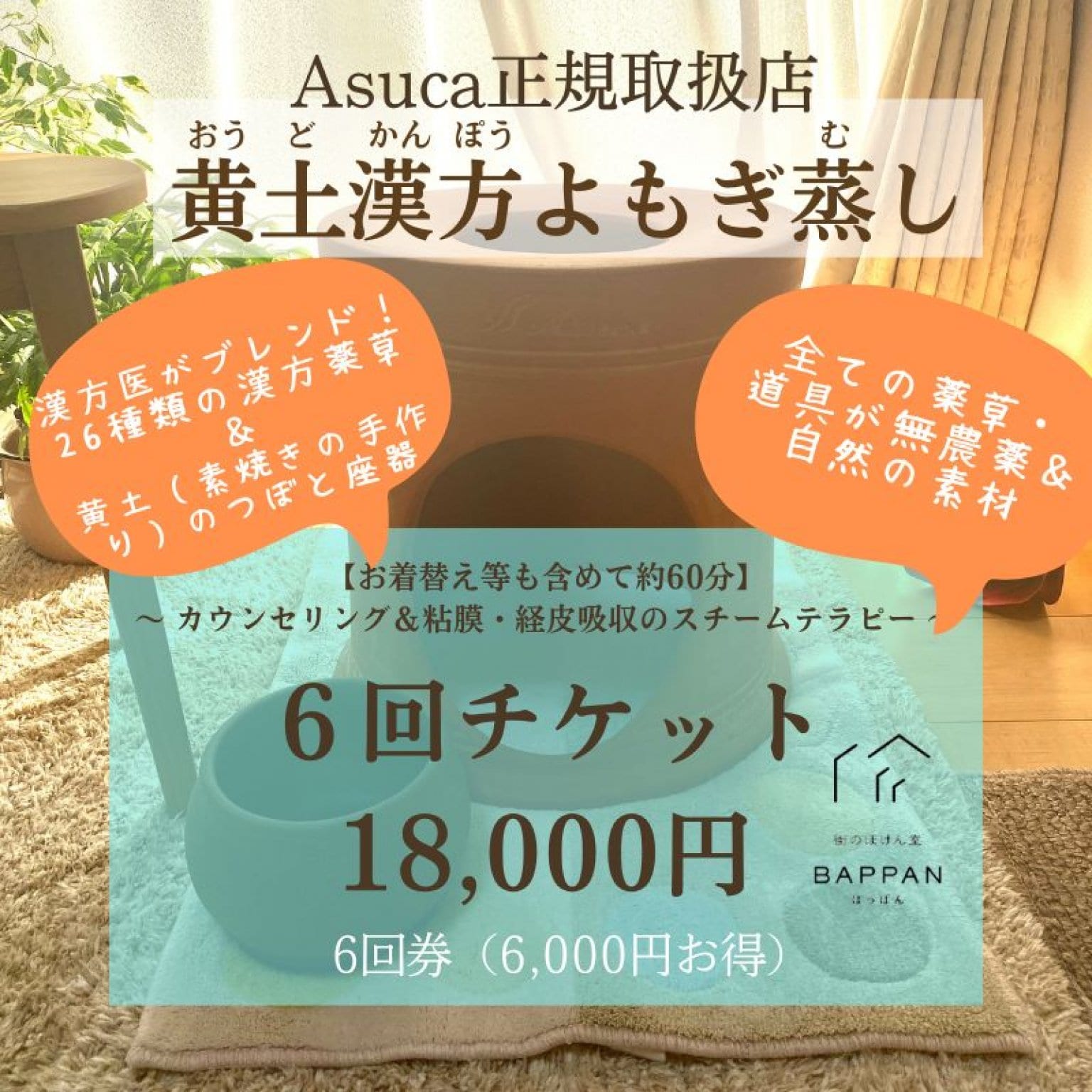 BAPPAN黄土漢方よもぎ蒸し　〜6回 18,000円チケット〜
