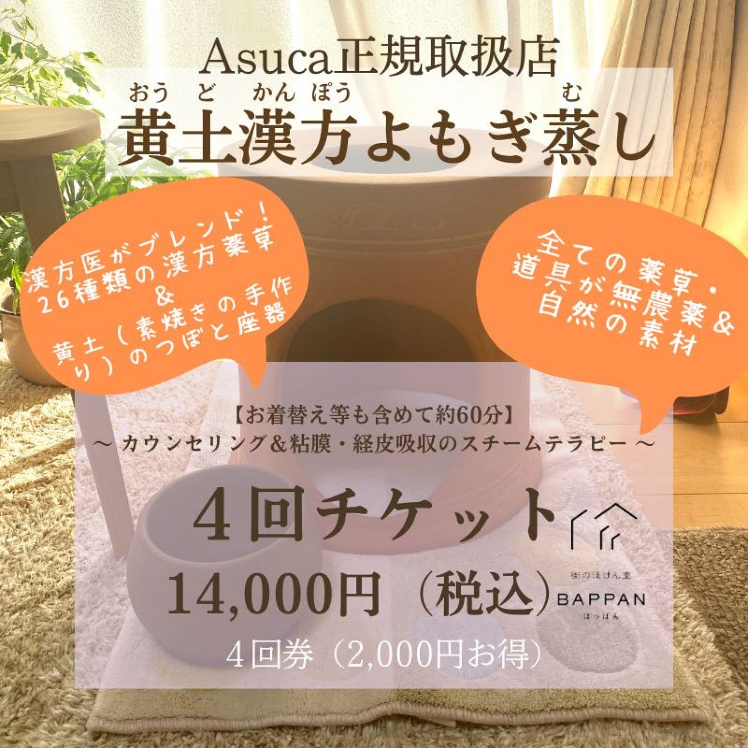 [複製]BAPPAN黄土漢方よもぎ蒸し　〜４回 14,000円チケット〜