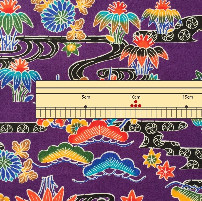 紅型プリント生地 / 紫 / 約108cm幅×100cm〜】 松 竹 梅 流水