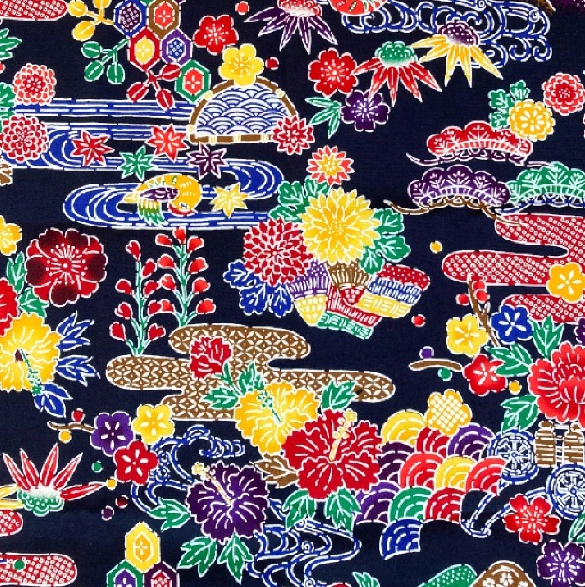 紅型プリント生地 / 濃紺 / 約108cm幅×100cm〜 】 ハイビスカス