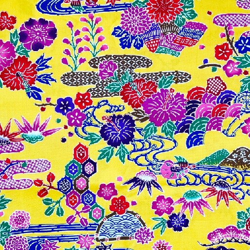 紅型プリント生地 / 黄色 / 約108cm幅×100cm〜 】 ハイビスカス
